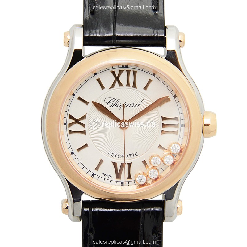 Chopard Happy Sport Replica - Auto - 18kt Rose Gold/Steel - Silver Dial - Black Alligator Buckle